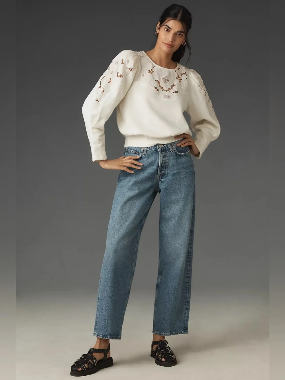 By Anthropologie Lace Cutwork Mutton-Sleeve Top Size 3XL